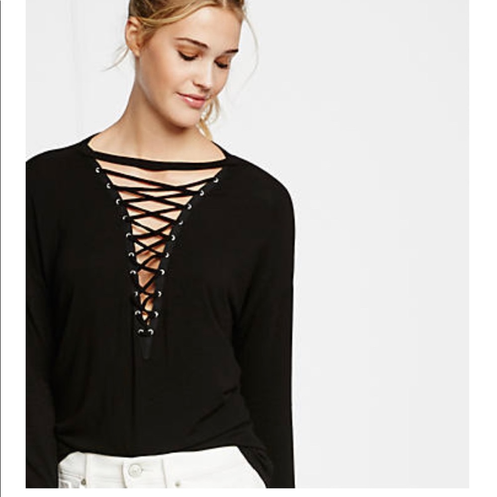 Express One Eleven Deep V-neck Lace-up Tee